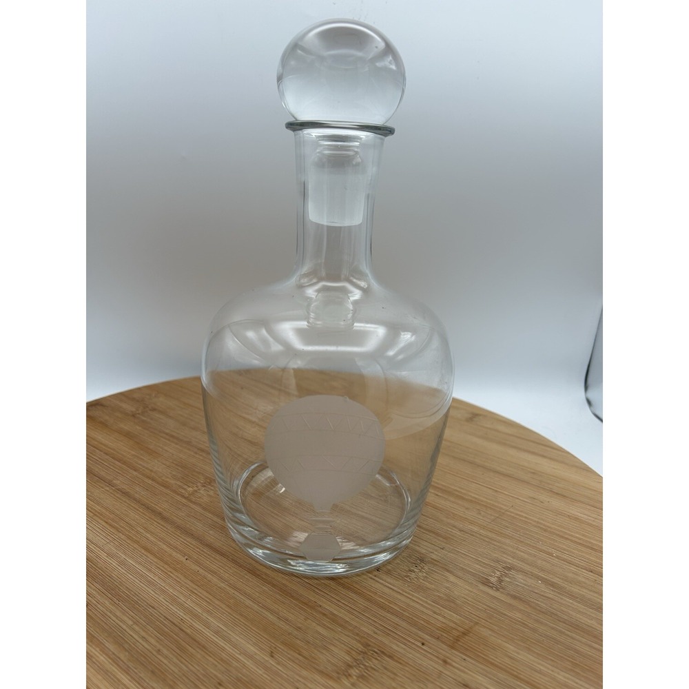 Vintage Glass Wine Decanter Etched Hot Air Balloon with Stopper